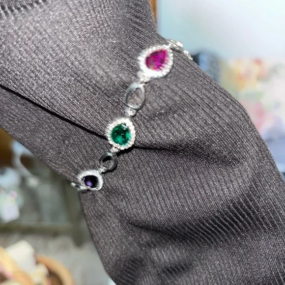 Multicolor Teardrop Crystal Bracelet - Elegant Silver Tone - Picture 2 of 7